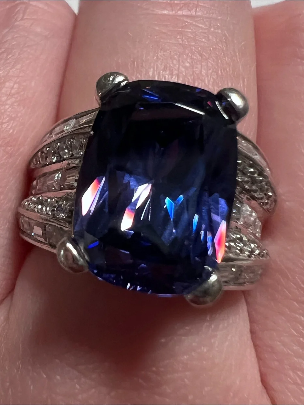 925 Sterling Silver Blue CZ Ring Cushion Cut Stone Set w/ Clear Accents Size 7